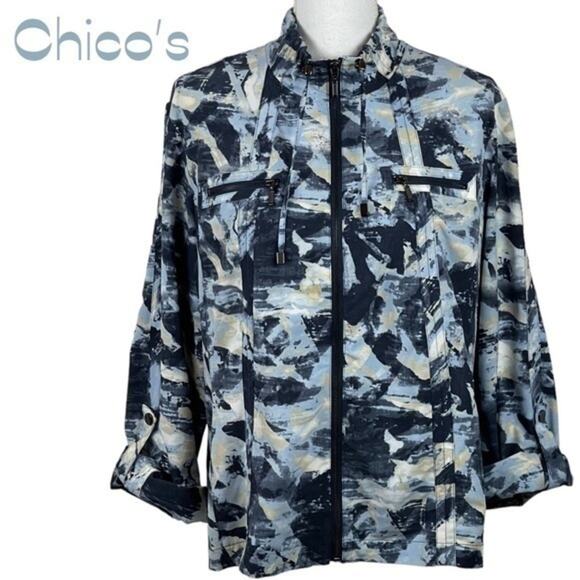 Chico’s Navy, White, Blue and Tan Print GorpCore Jacket NWOT Size 12 - Picture 1 of 12